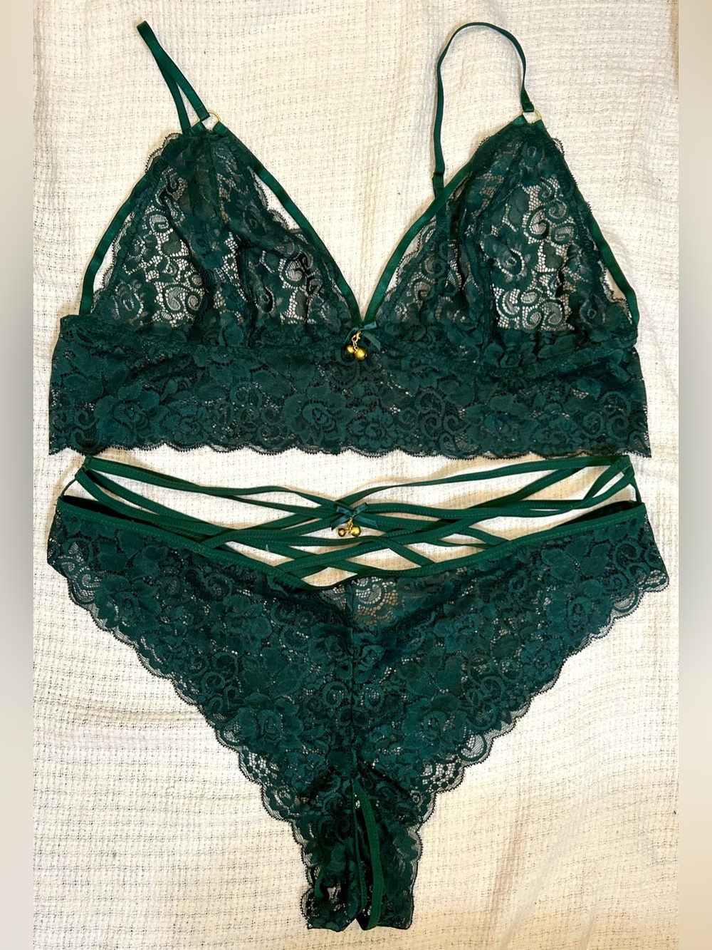 Kelly Green Women's Lace Bralette & Strappy Panty Set